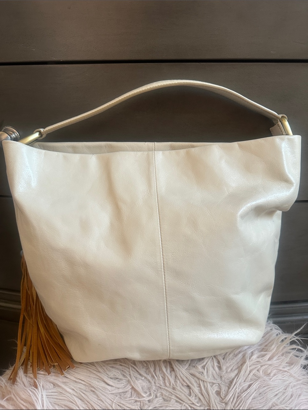HOBO Cream Leather Hobo with Tassel Accent